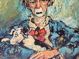 an oil painting of a woman holding a dog in her arms