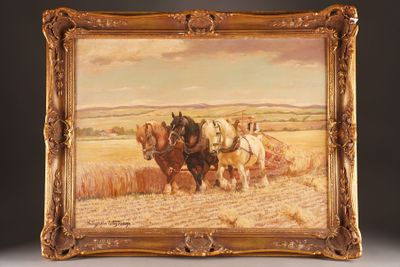 painting of two horses pulling a plow through a field