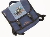 a blue bag with a picture of a man and a dog on it