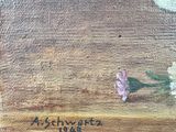 an oil painting of flowers in a vase on a wooden table