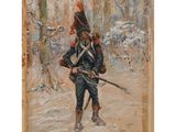 un tableau représentant un homme en uniforme tenant un fusil dans la neige