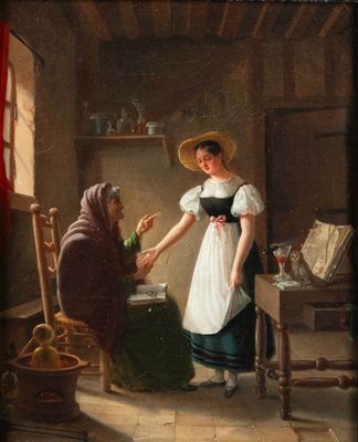 une image représentant un tableau où l'on voit une femme offrant une bouteille de vin à un homme