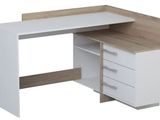 the desk is white and has a wooden top and drawers