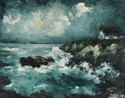 une peinture à l'huile représentant un phare situé sur une côte rocheuse, avec des vagues qui viennent s'écraser devant lui