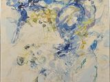 an abstract painting of blue and yellow flowers in a vase