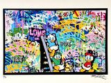 tableau représentant Mickey Mouse et Donald Duck devant un mur recouvert de graffitis