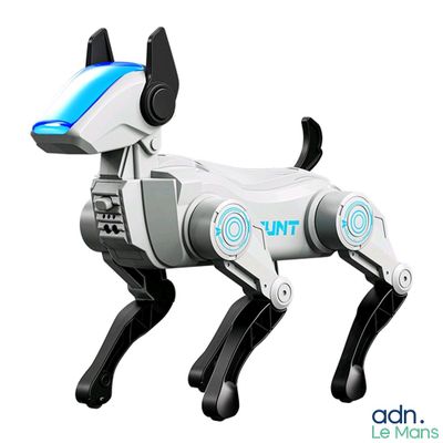 un chien robot assis sur une surface blanche