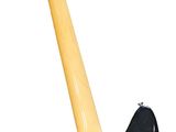 an electric guitar with a black body and a yellow neck