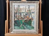 a picture of a painting on a easel with a black background