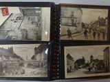 three old black and white photos of a town with horses and carriages