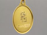 the gold medal is hanging from a chain on a gray background