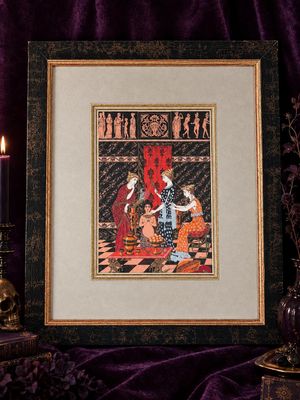 a framed picture of a painting of a woman and a man sitting on a couch