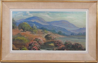 une peinture à l'huile d'un paysage avec des montagnes en arrière-plan