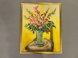 a painting of flowers in a vase on a table