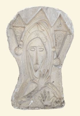 a stone sculpture of a woman ' s face on a white background