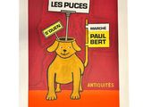a painting of a dog holding a sign that says les puces
