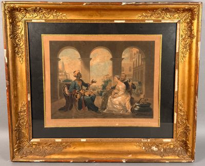 an old picture of a painting of a man and a woman in a courtyard