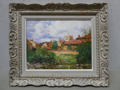 une peinture à l'huile représentant un paysage avec une église en arrière-plan