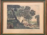 painting of a group of people sitting under a tree in a wooded area