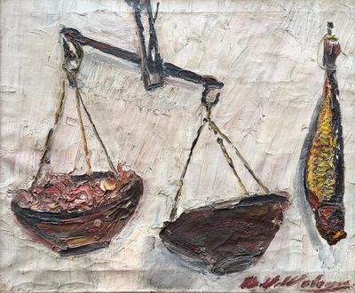 a painting of a scale with fish and a fish on it