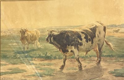 un tableau représentant une vache marchant dans un champ avec d'autres vaches