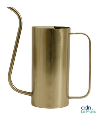 a close up of a metal pitcher on a white background