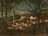 un tableau représentant un village avec des arbres et des maisons en arrière-plan
