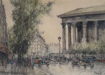 painting of a street scene with a building and a street light