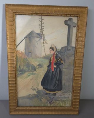 Fernand FERNEL (1865-1933) "Bigoudènes devant un moulin"