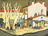 une peinture représentant une scène de rue avec des personnes marchant sur le trottoir