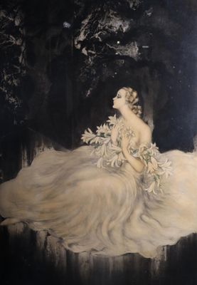un tableau représentant une femme en robe blanche, assise par terre