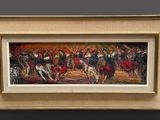a painting of a group of men riding horses in a field