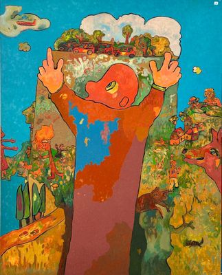 an image of a painting of a man holding a fish above his head
