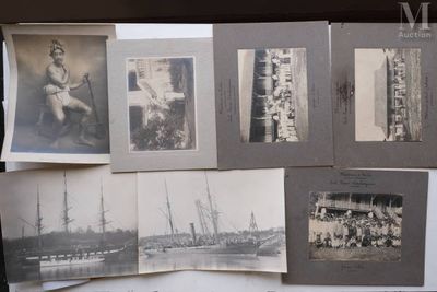 several old black and white photographs of a man sitting on a bench