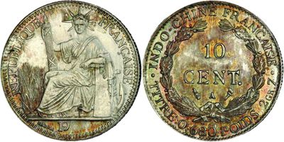 an old coin with a woman holding a flag on it