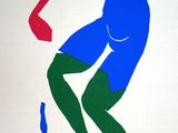 a blue and green painting of a woman in a blue dress