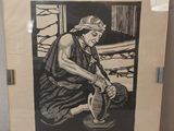 un dessin en noir et blanc représentant une femme assise sur un pot