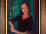 an oil painting of a woman in a black dress