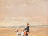tableau représentant un homme et une femme sur une plage avec un chien
