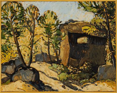 an image of a painting of rocks and trees in a wooded area