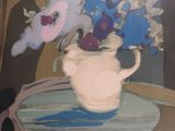 a painting of a vase of flowers on a table