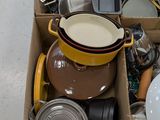 a box full of dishes and pans sitting on the floor