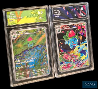 trois cartes Pokémon différentes dans un étui en plastique transparent sur fond noir