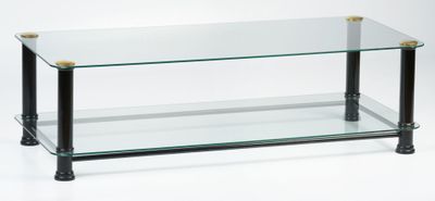 a glass coffee table with a metal base and a glass shelf