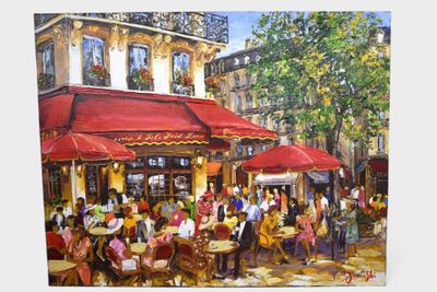 painting of a street scene with people sitting at tables and umbrellas