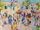 une peinture à l'huile représentant une rue animée où les gens se promènent et font leurs courses