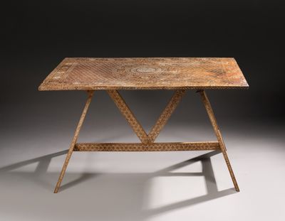 an image of a table with a wooden top and metal legs