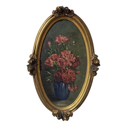 painting of flowers in a blue vase on a green background