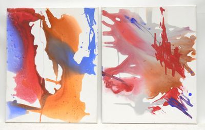 two paintings of red, blue, and orange paint on white paper