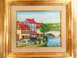 une image représentant une peinture d'une maison avec un pont en arrière-plan